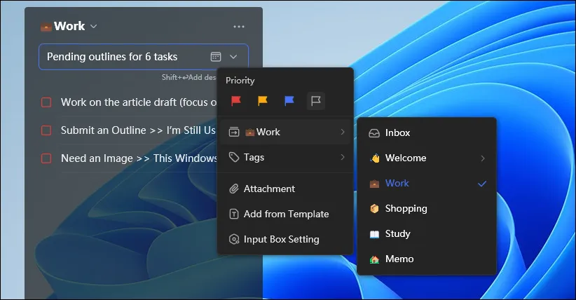 TickTick Desktop widget more options