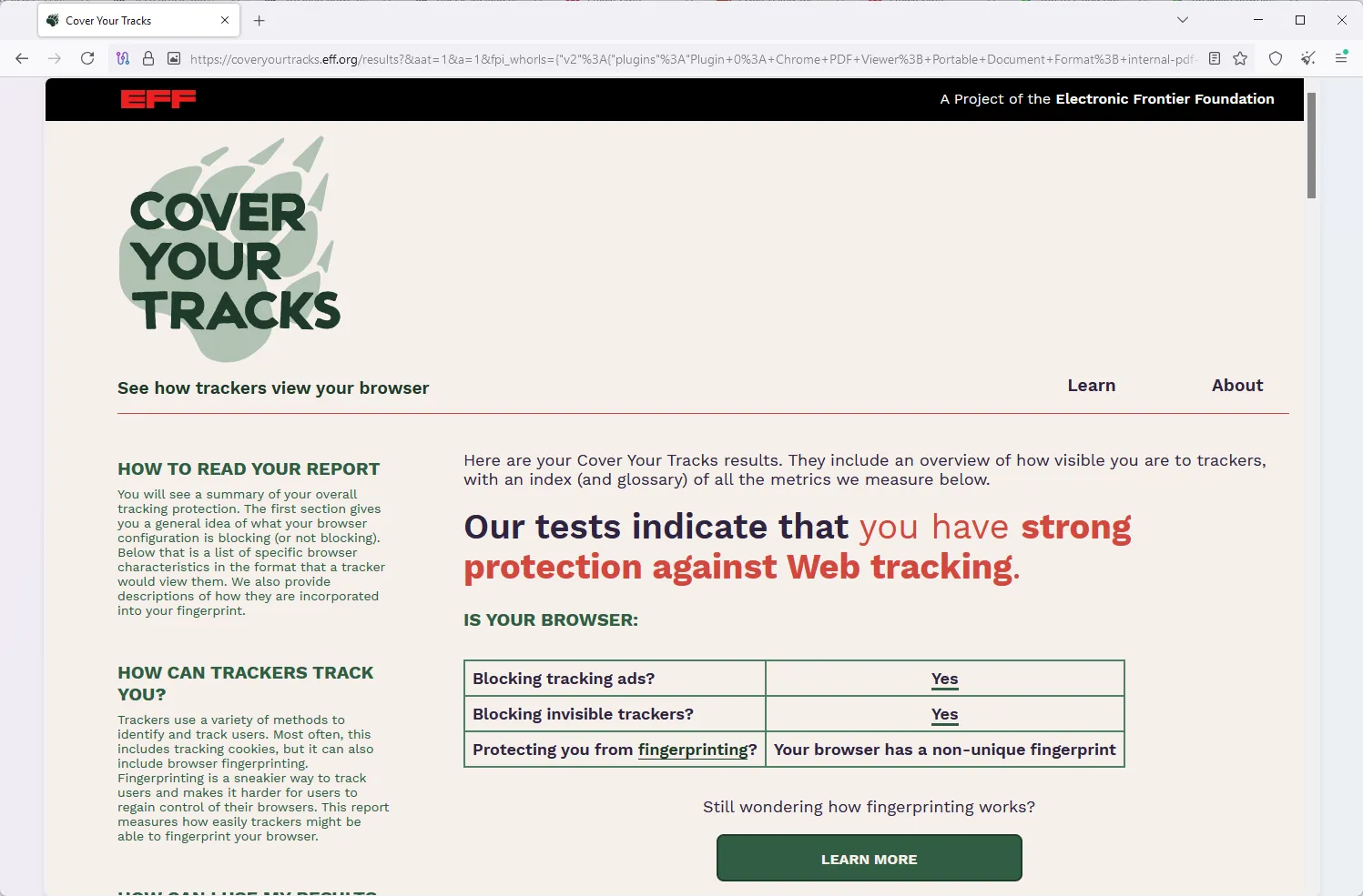 Tor non unique fingerprint from cover your tracks