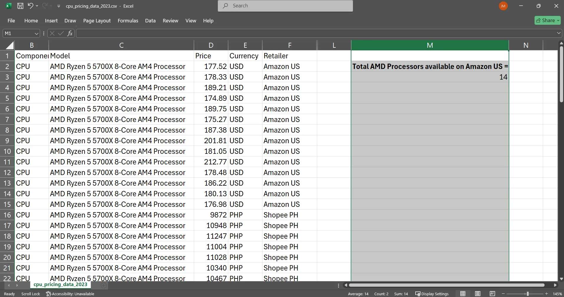 Checking total AMD CPU entries from Amazon US