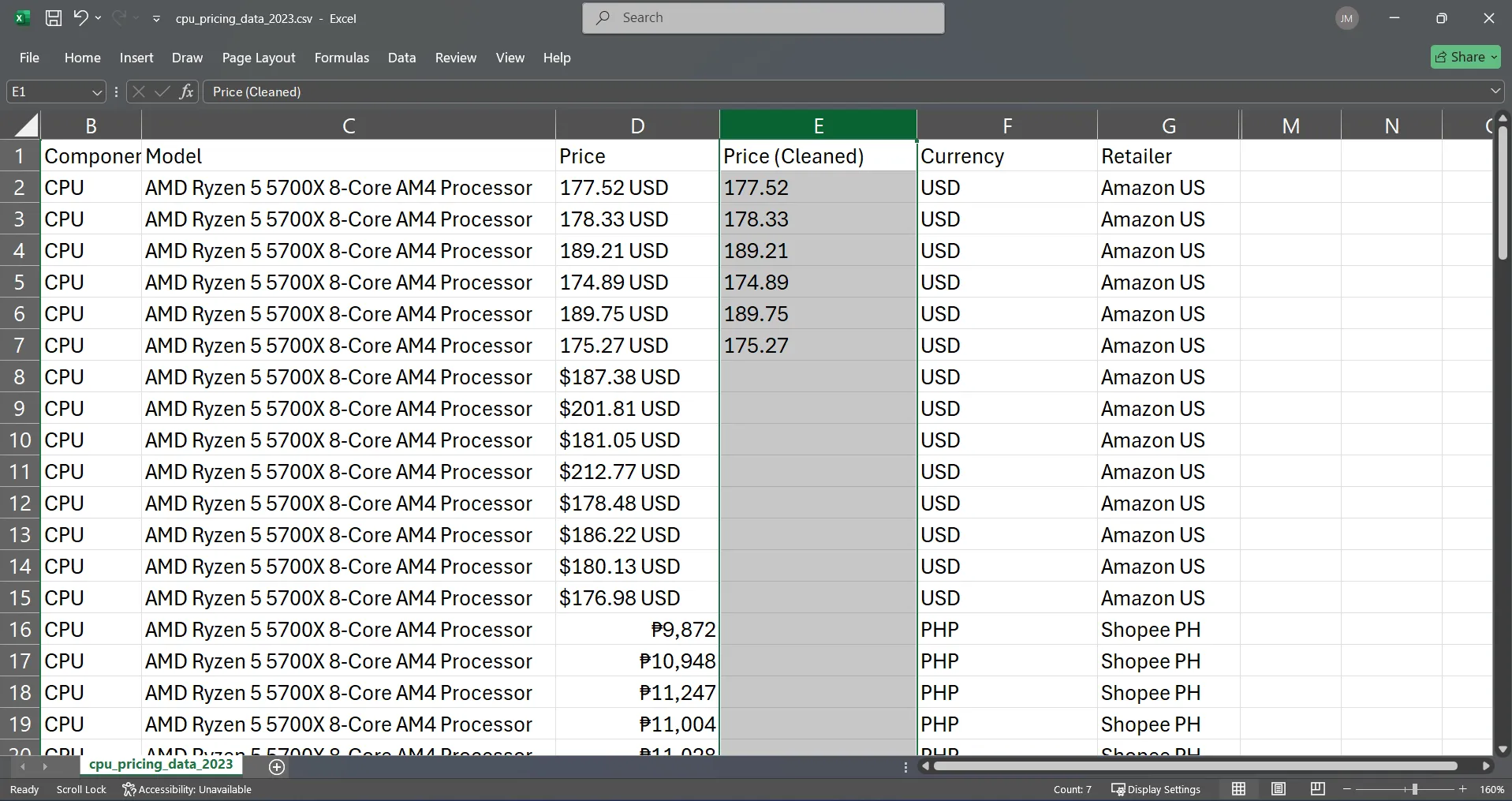 Trimmed pricing data