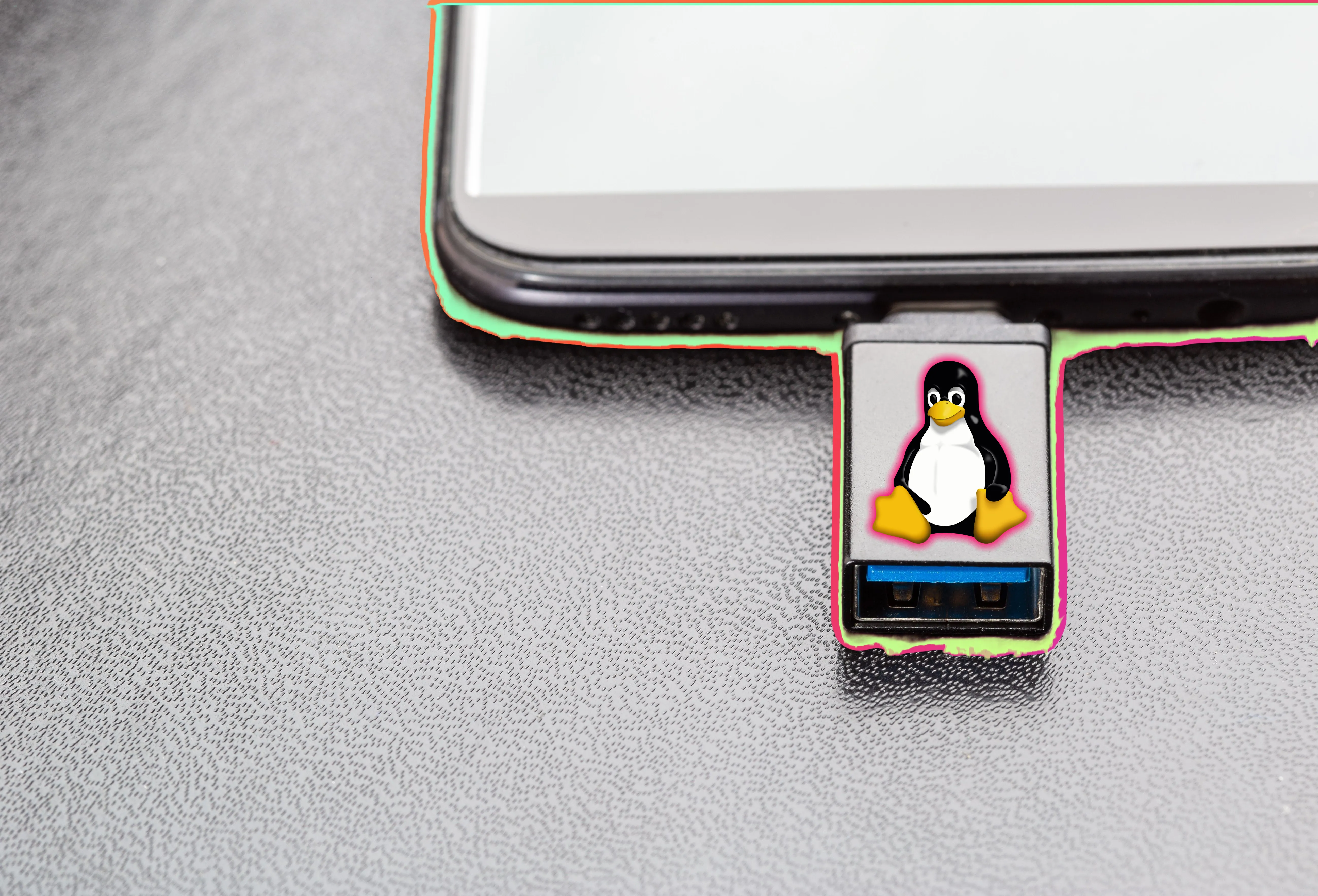tux linux penguin logo on usb drive inserted into laptop