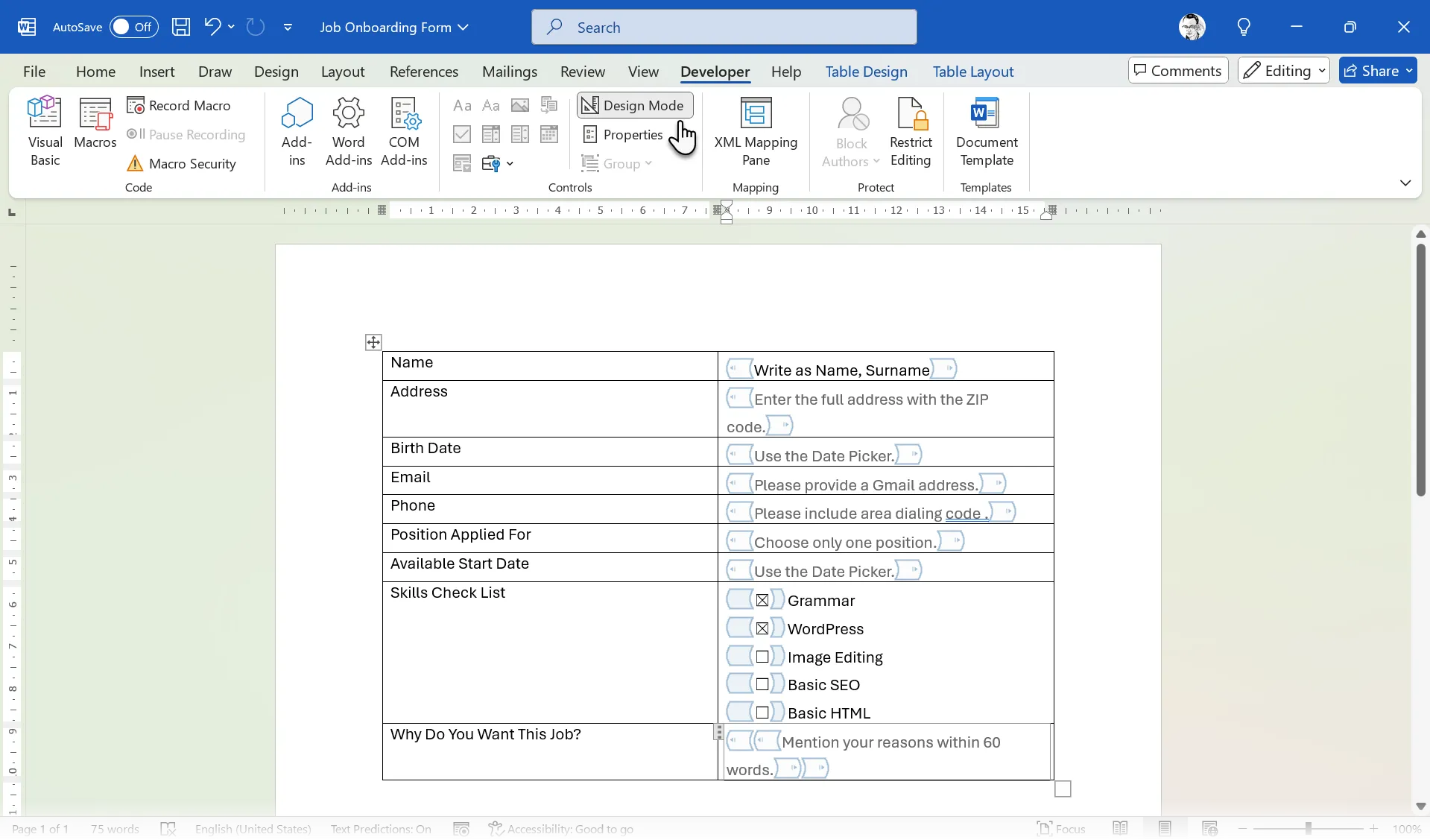 Using Design Mode in Word Forms