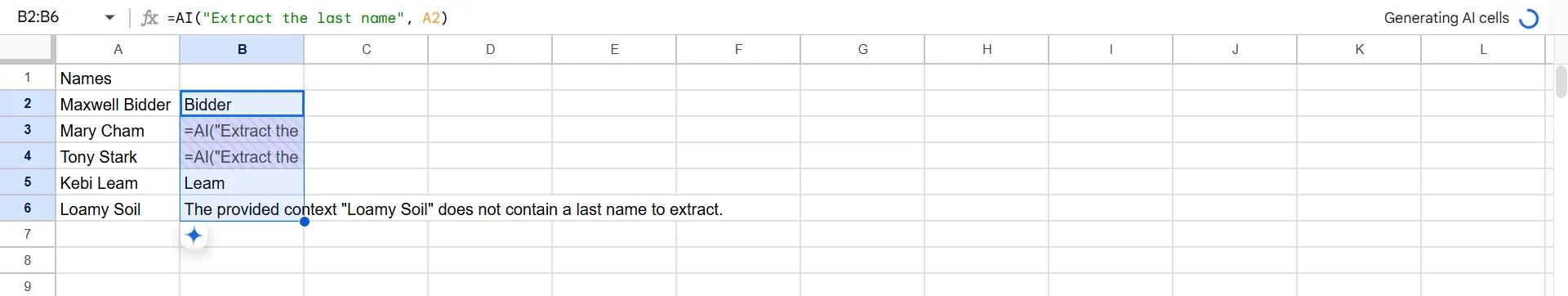 Using the AI function in Google Sheet to extract last names from a range of cells in one column