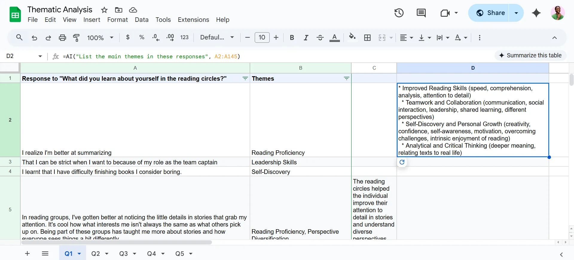 Using the AI function in Google Sheet to extract the main points from a range of cells