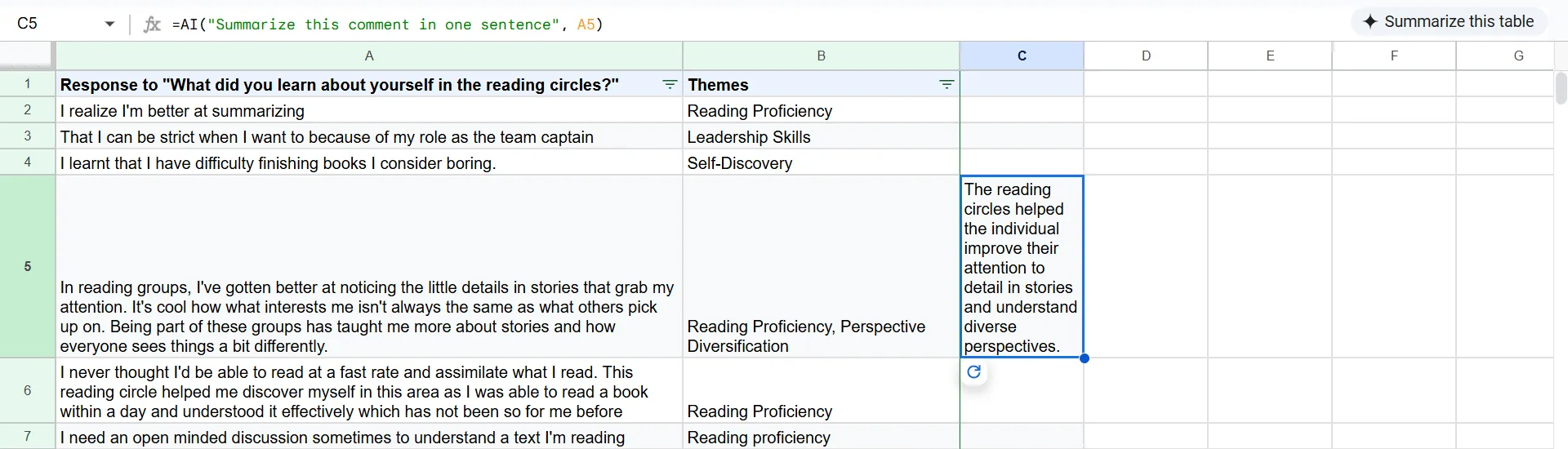 Using the AI function in Google Sheet to Summarize text in cells