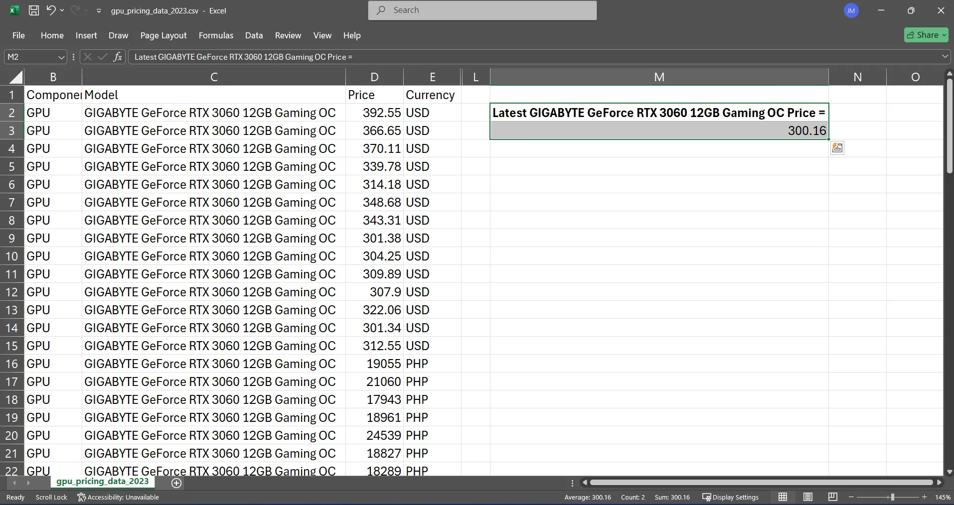 Using XLOOKUP to search updated GPU price