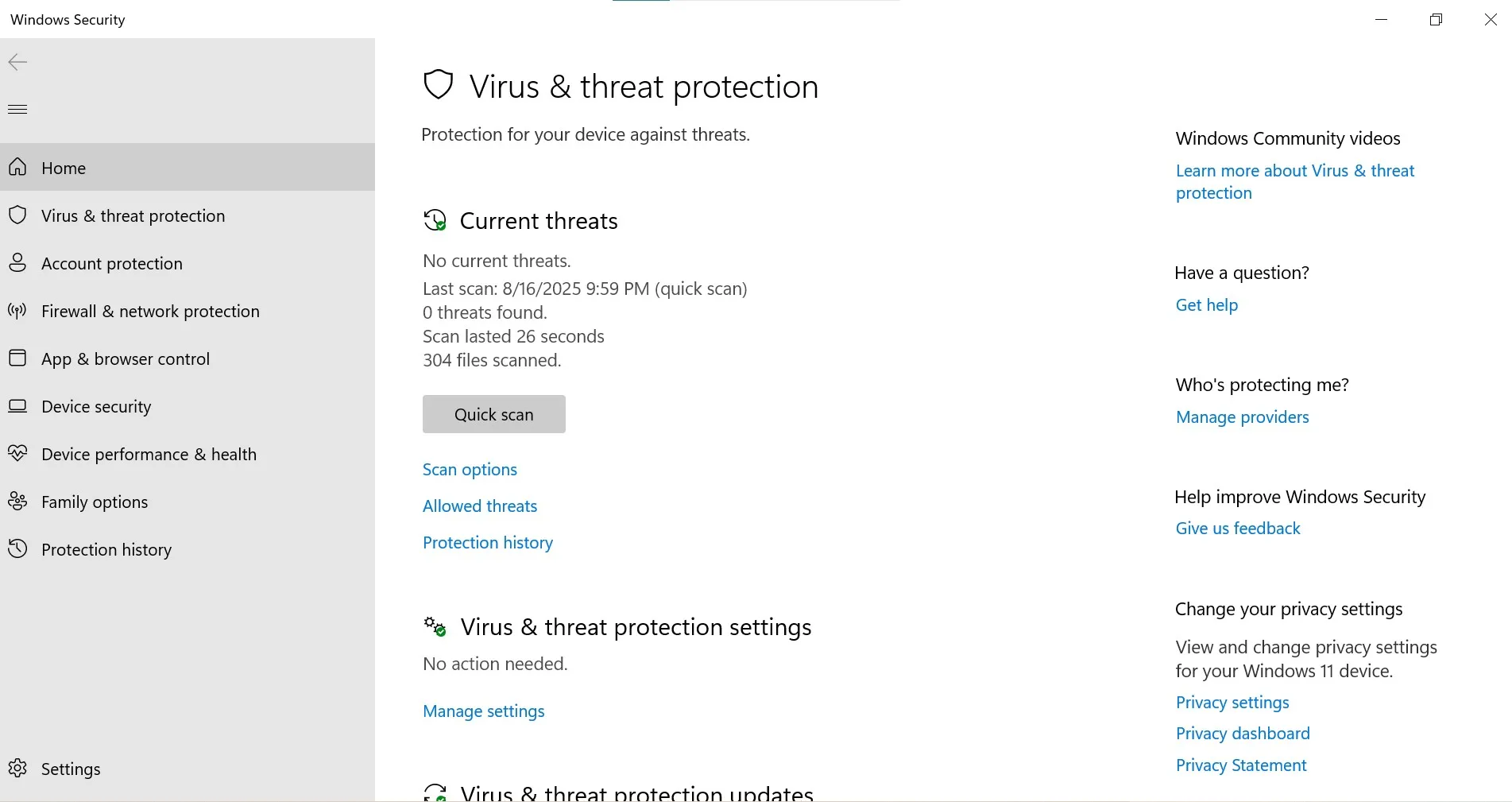 Virus & threat protection page under Windows Security app.