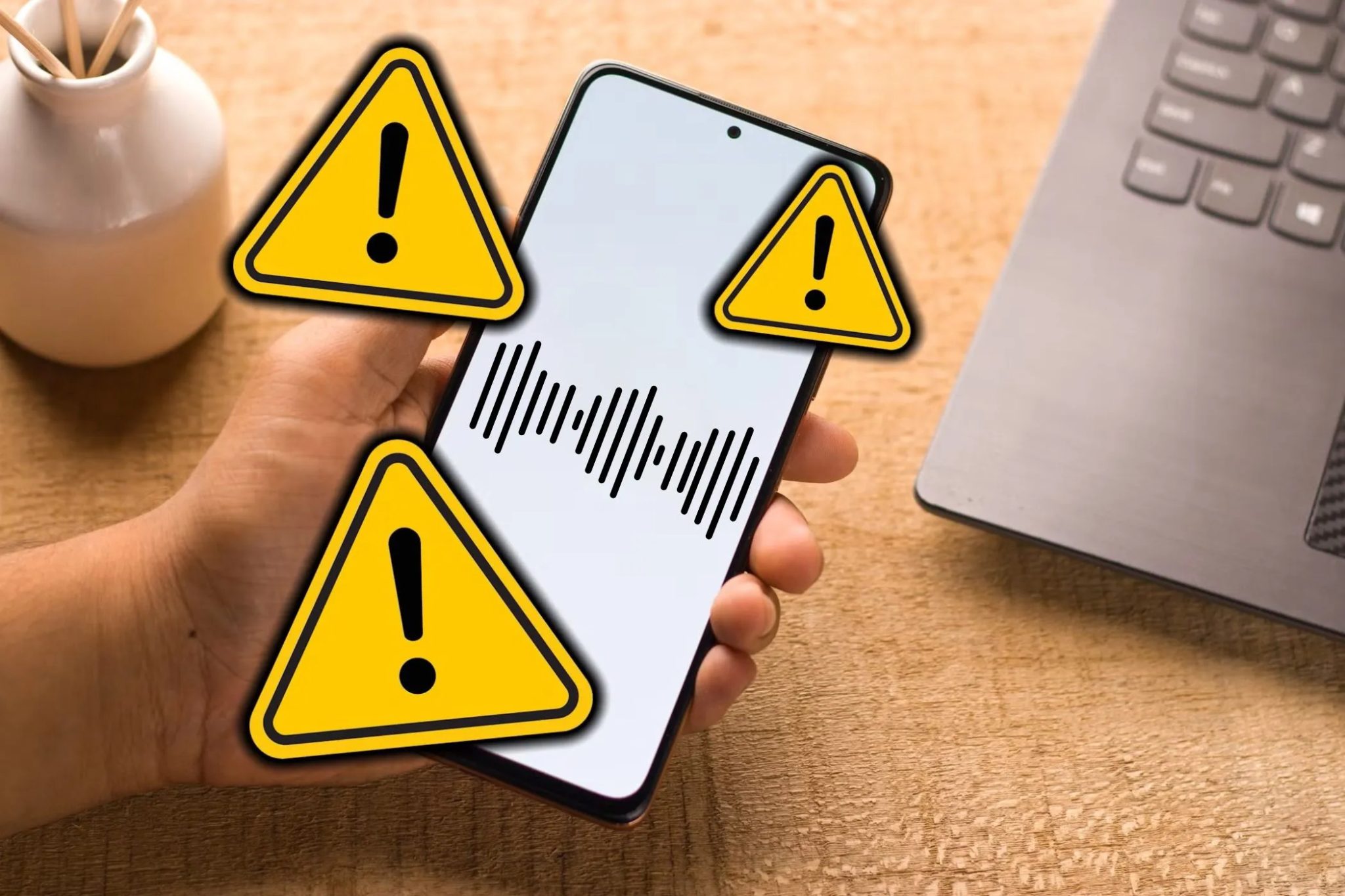 موجة صوتية على شاشة هاتف ذكي مع علامات تحذير.