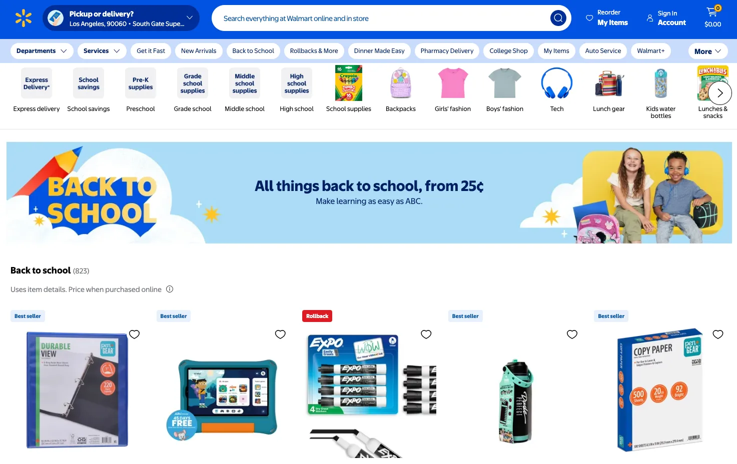 Walmart Back to school section with well-organized categories