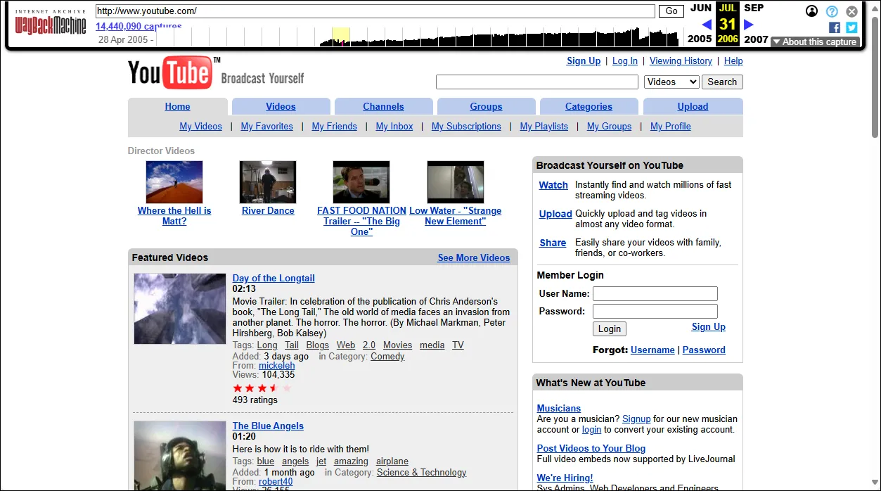 WaybackMachine showing youtube webapge from 2005