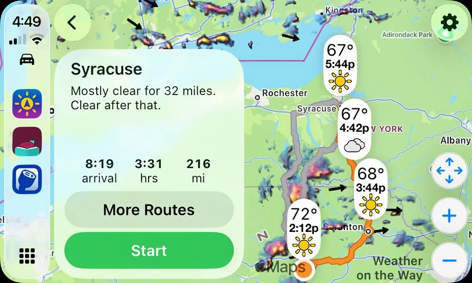 تطبيق Weather on the Way على CarPlay.