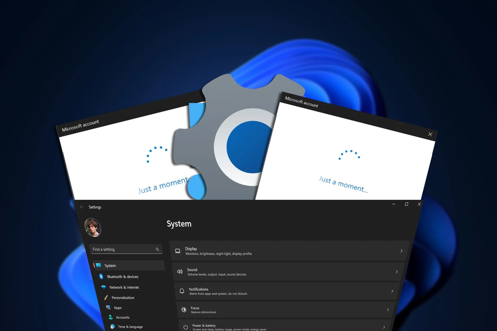 تطبيق إعدادات Windows 11 مع النوافذ المنبثقة للتحميل وعلامات التعجب