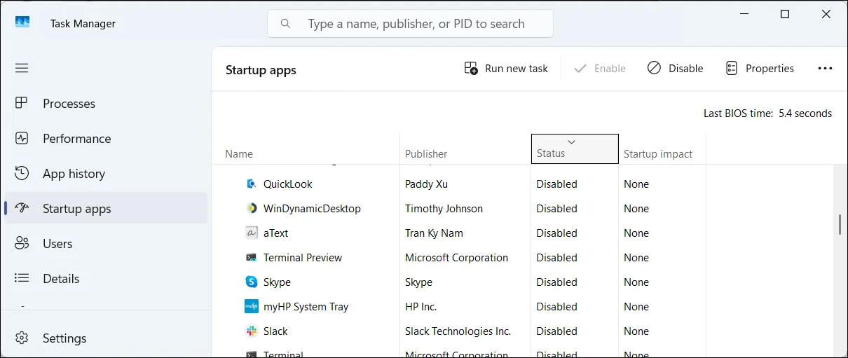 Windows 11 Task Manager Startup apps list