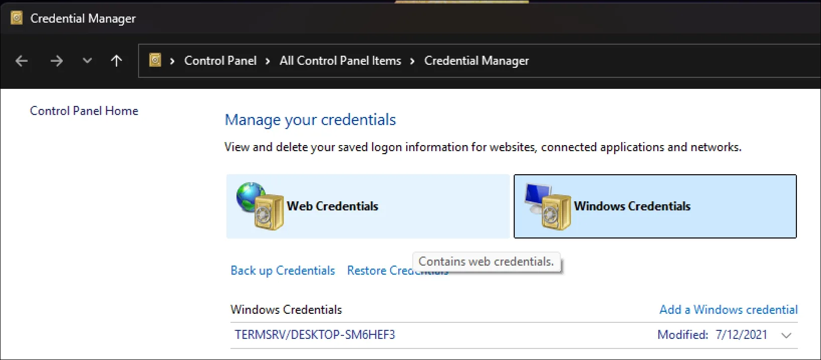 Windows Credentail manager open in Windows 11