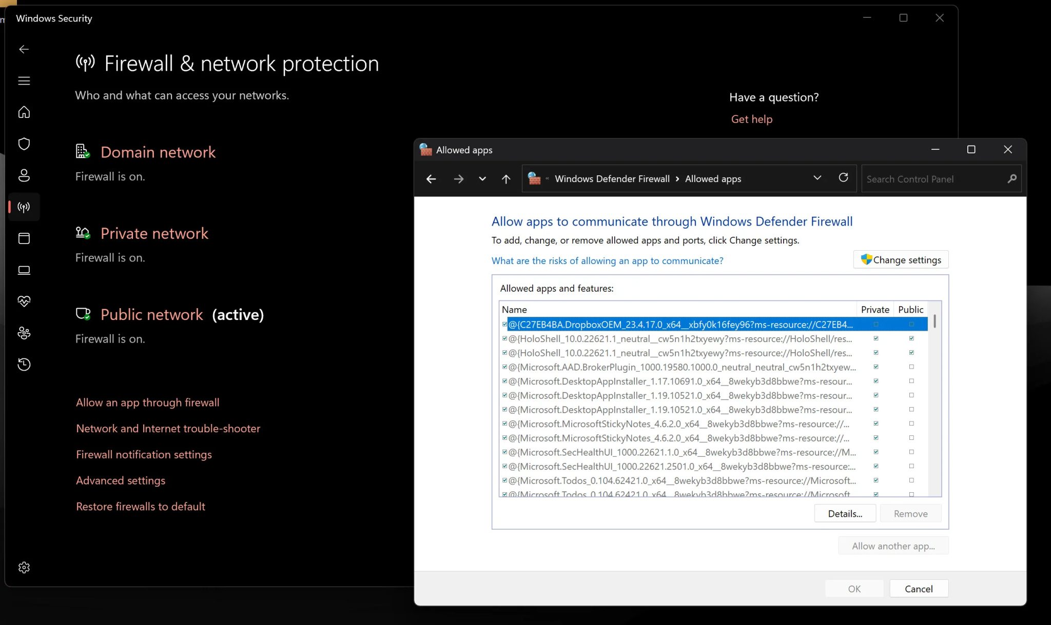Windows Defender Firewall settings in Windows 11