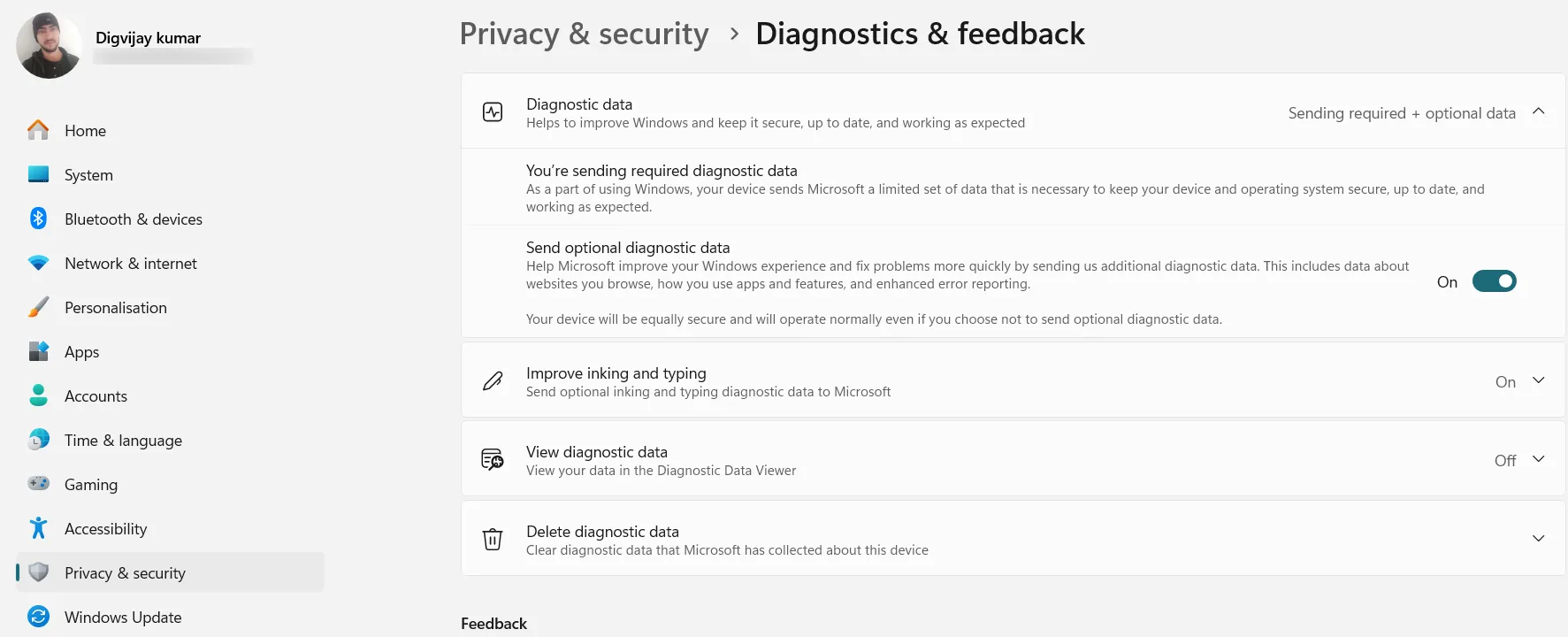 Windows Diagnostics and feedback settings page.