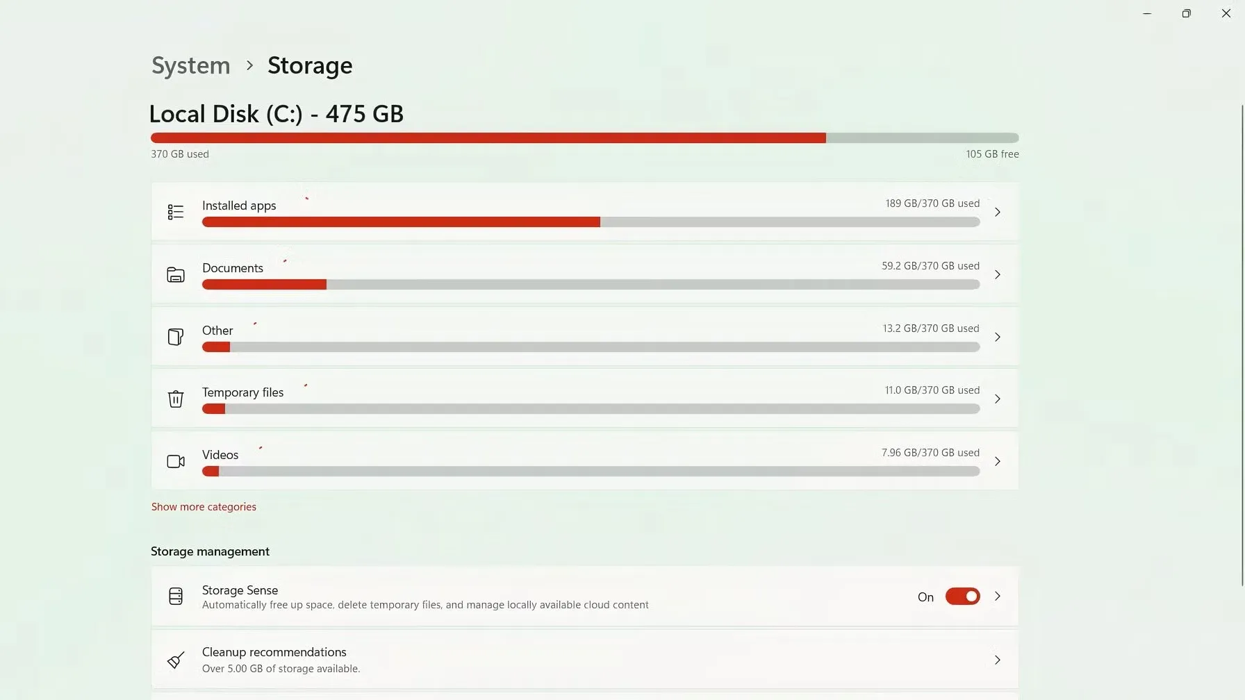 Windows drive storage showing an almost full drive.