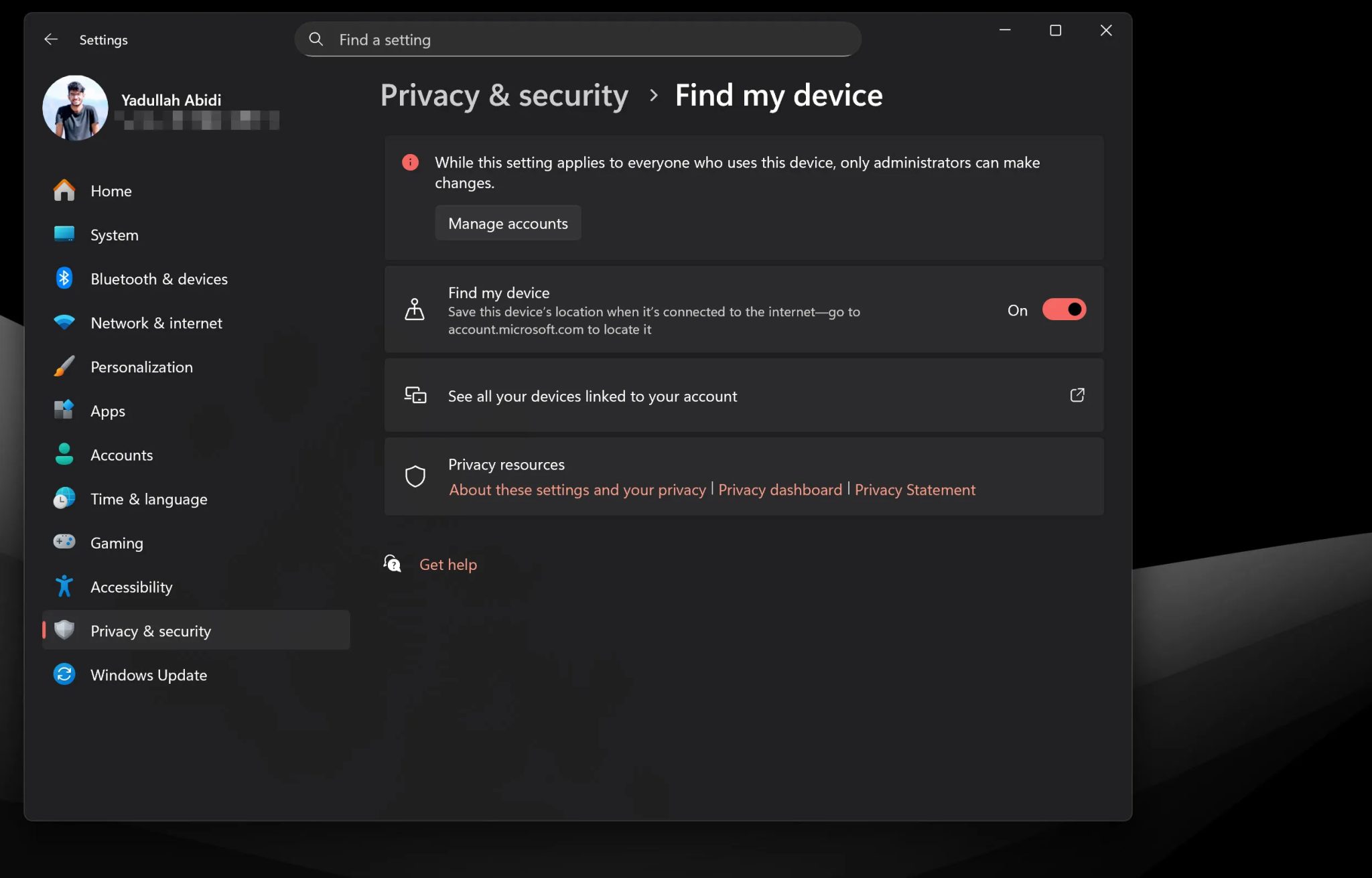 Find my device setting in Windows 11