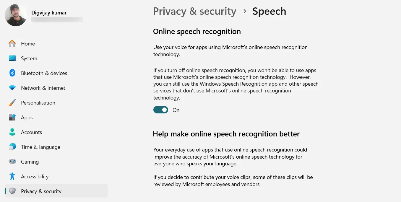 إعدادات الخصوصية والأمان الخاصة بالكلام في Windows.