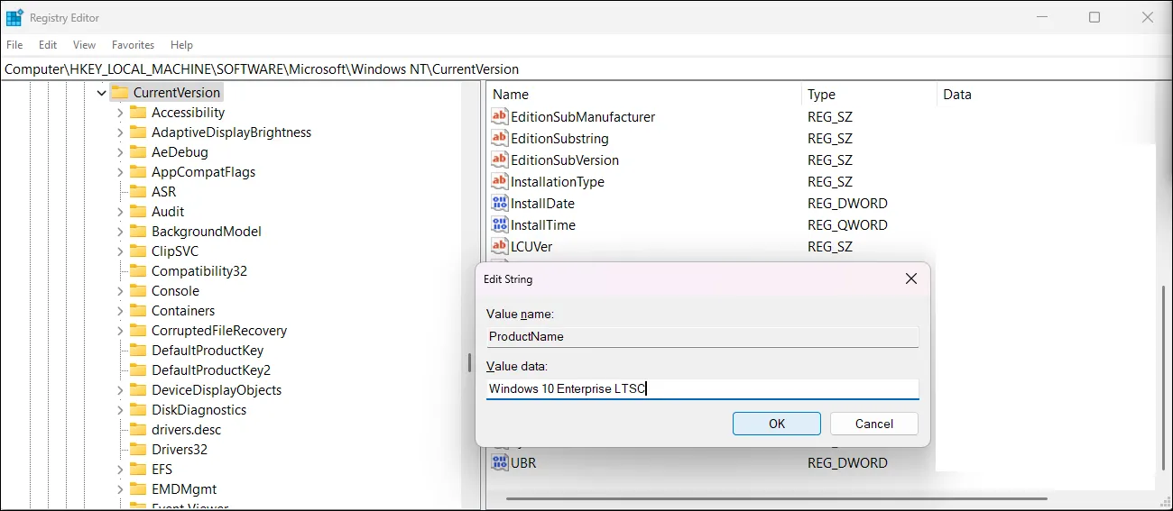 Windows registry editor on Windows 10