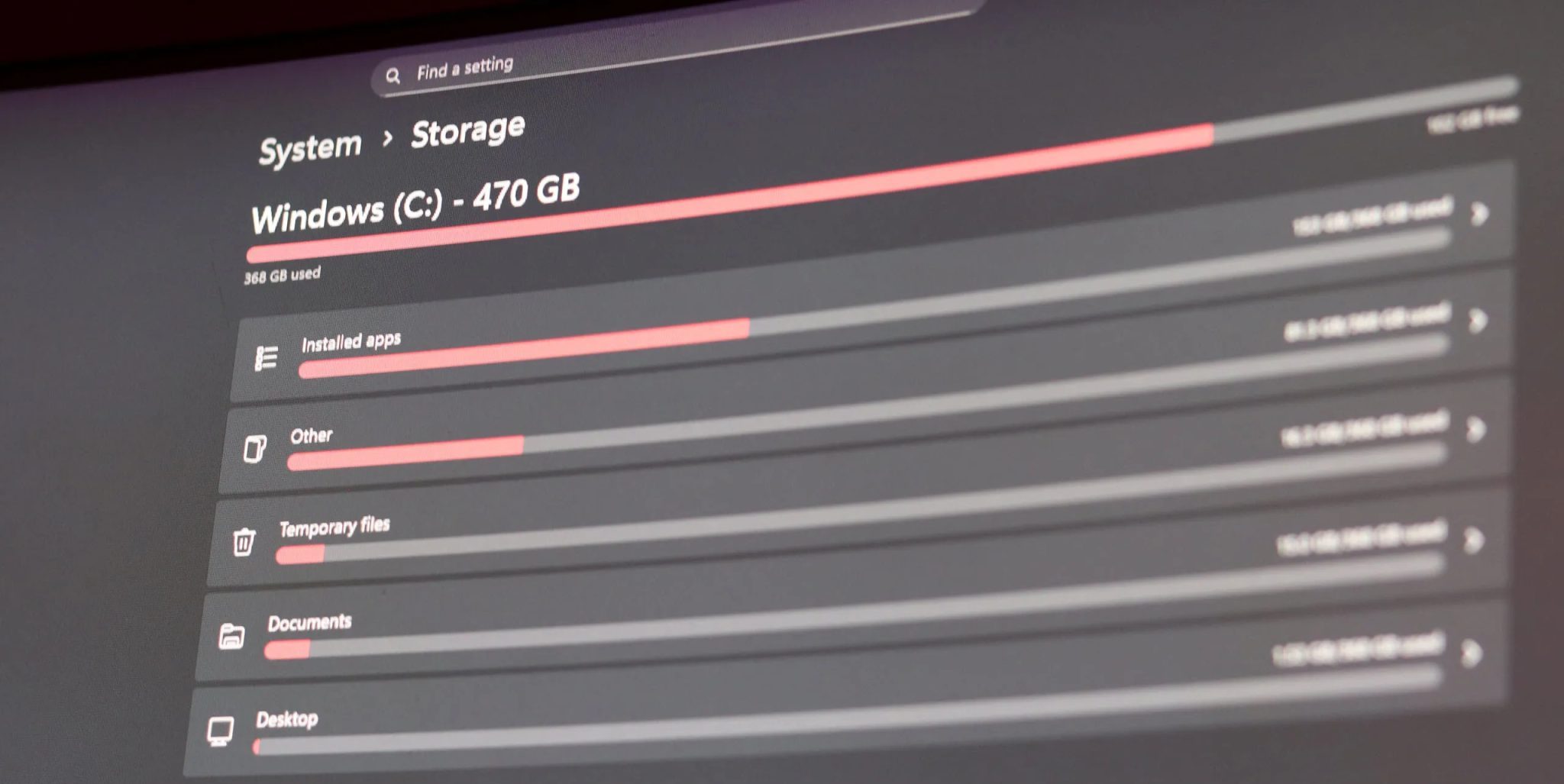 صفحة إعدادات التخزين في نظام Windows 11