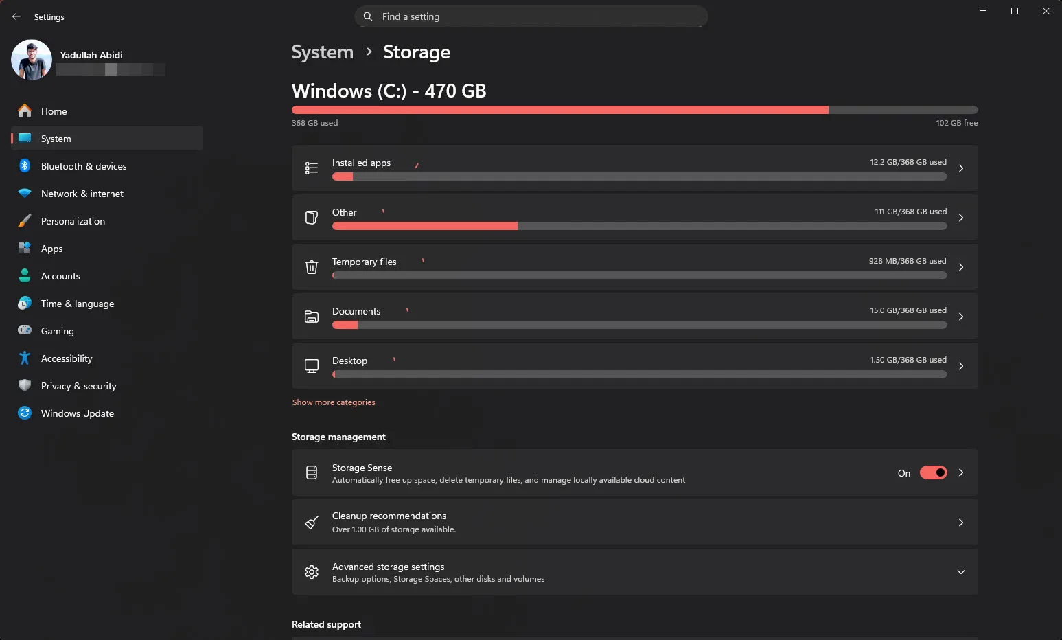 صفحة إعدادات التخزين في نظام التشغيل Windows 11