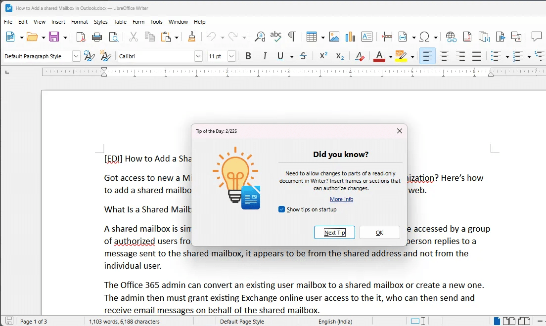 مستند word مفتوح على LibreOffice