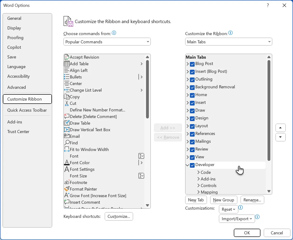 خيارات Word لعلامة تبويب المطور