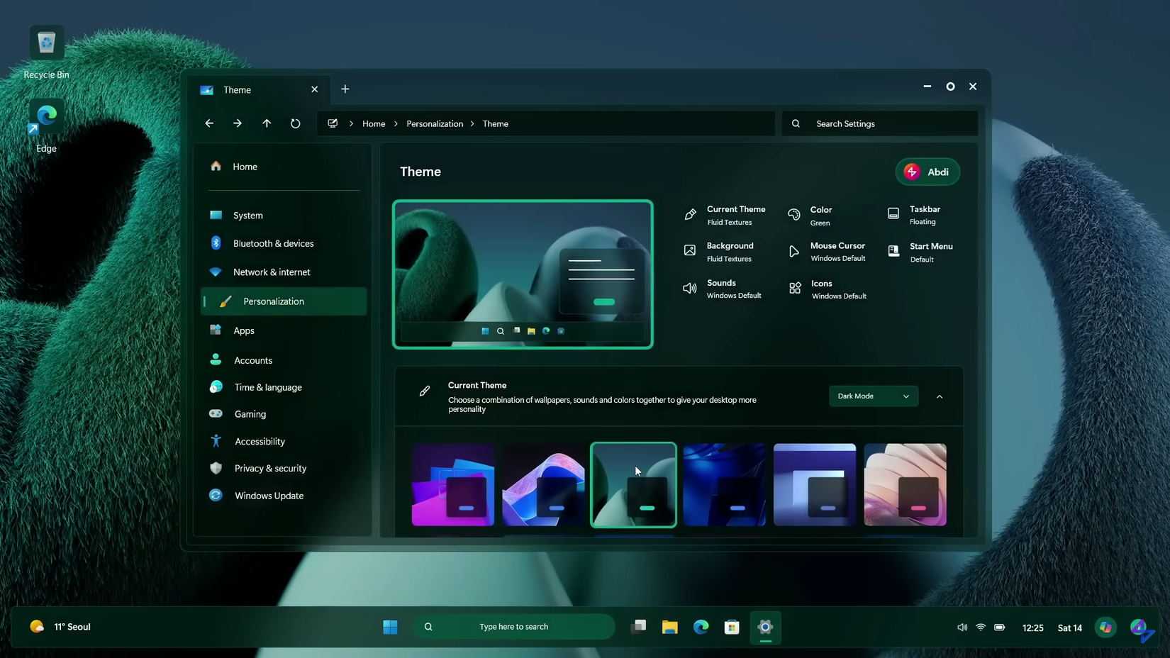 03 Windows 12 Concept Dark Mode Settings With Green Wallpaper