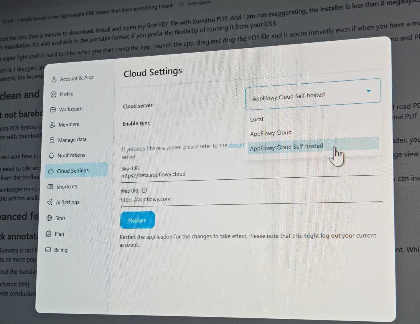 إعدادات مزامنة AppFlowy السحابية