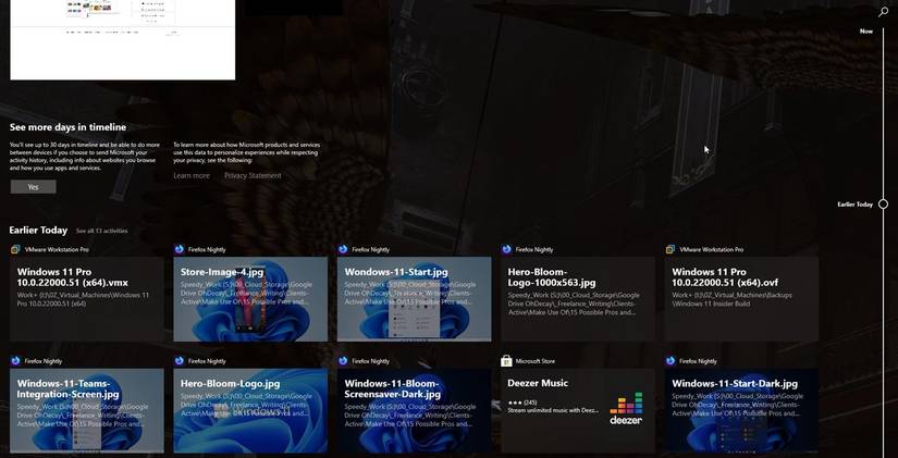 Windows 10 Timeline يتتبع الأحداث.