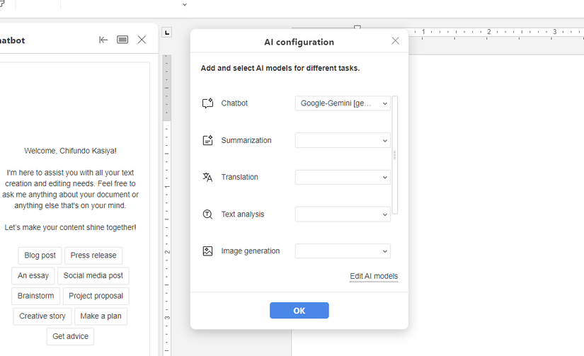 إضافة ذكاء اصطناعي إلى ONLYOFFICE