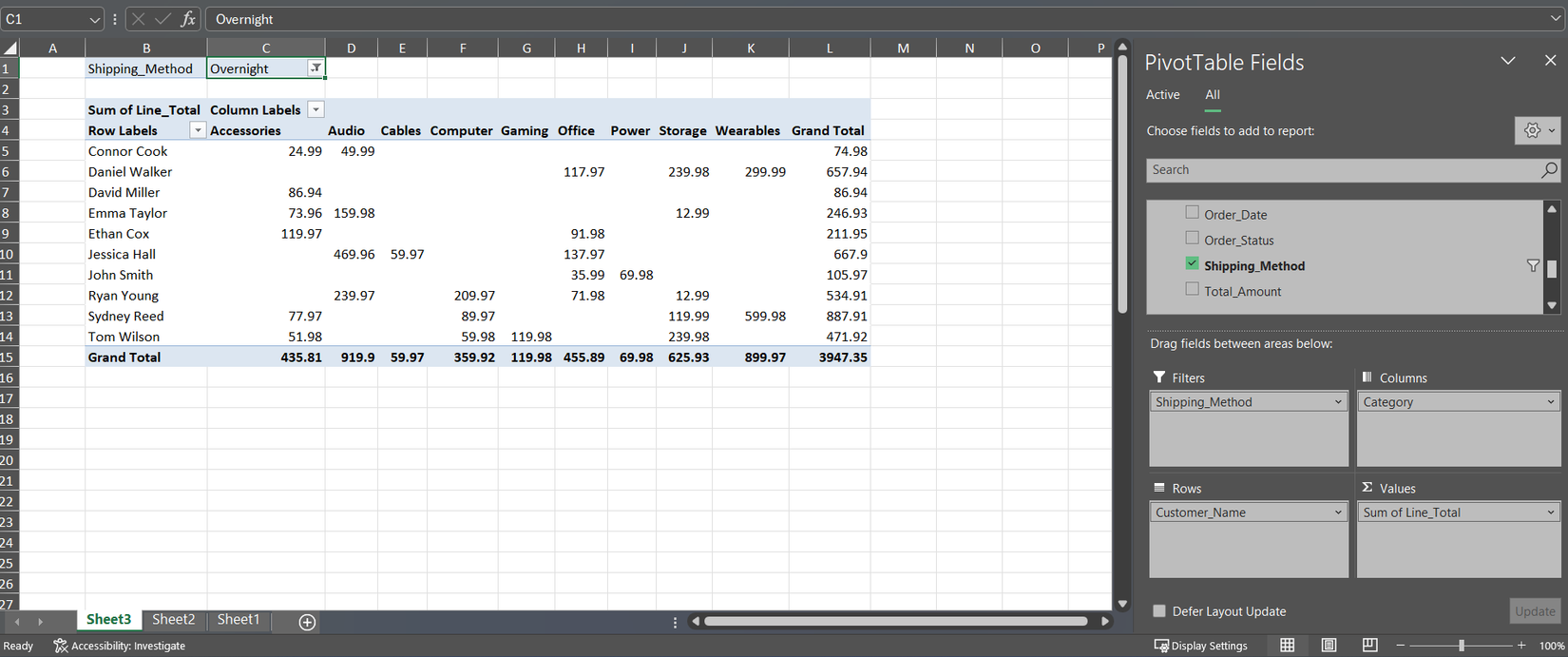 إضافة عامل تصفية الشحن إلى الجدول المحوري