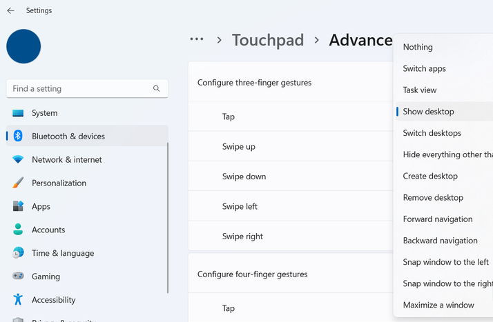 إعدادات إيماءات لوحة اللمس المتقدمة في Windows 11