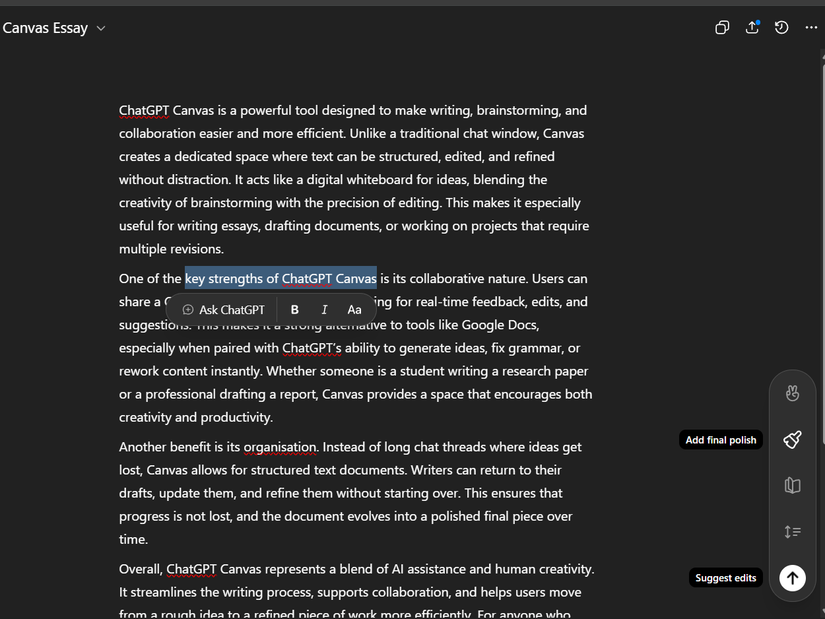 مقال في ميزة ChatGPT Canvas مع زر اقتراح تعديلات في أسفل اليمين.