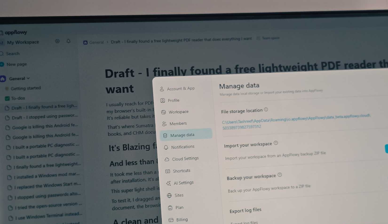 إعدادات قاعدة بيانات Appflowy