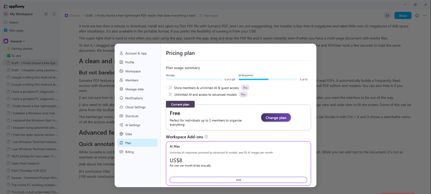 إعدادات خطة Appflowy