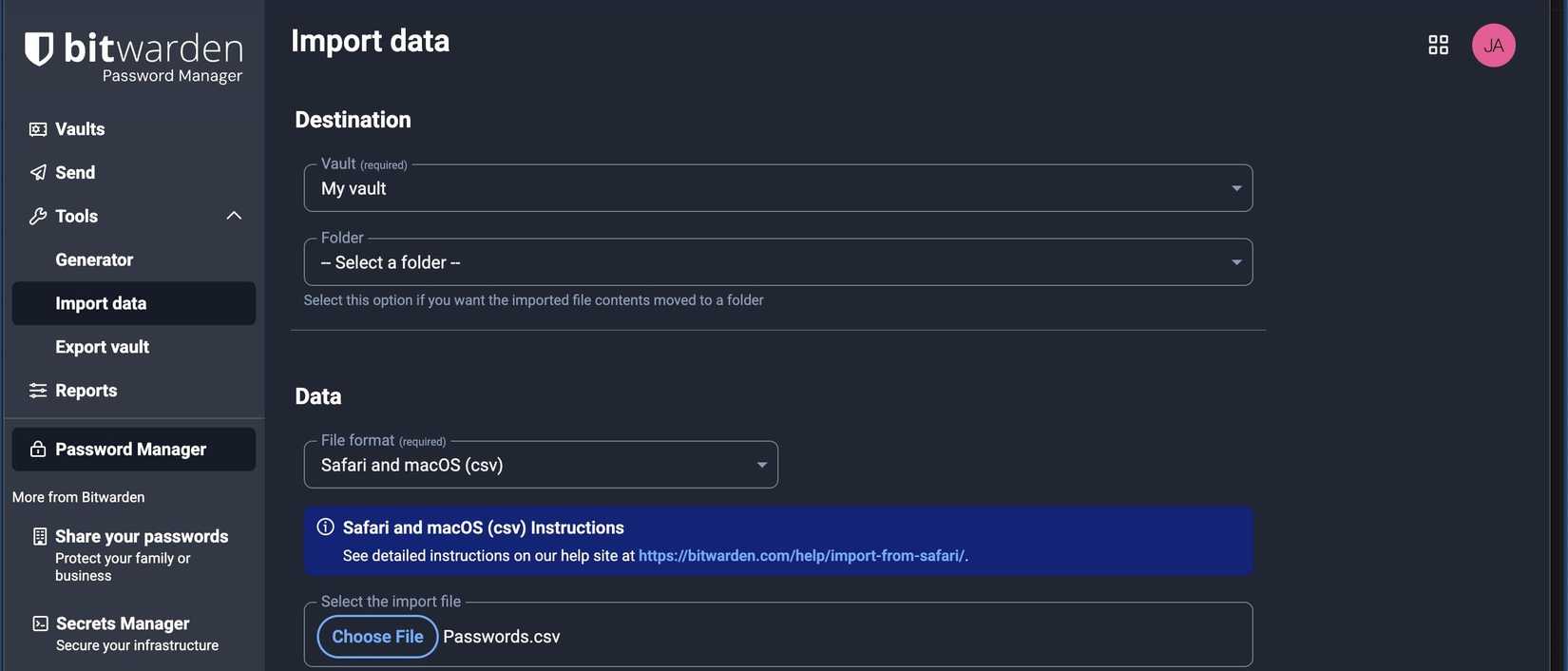 Bitwarden import data page