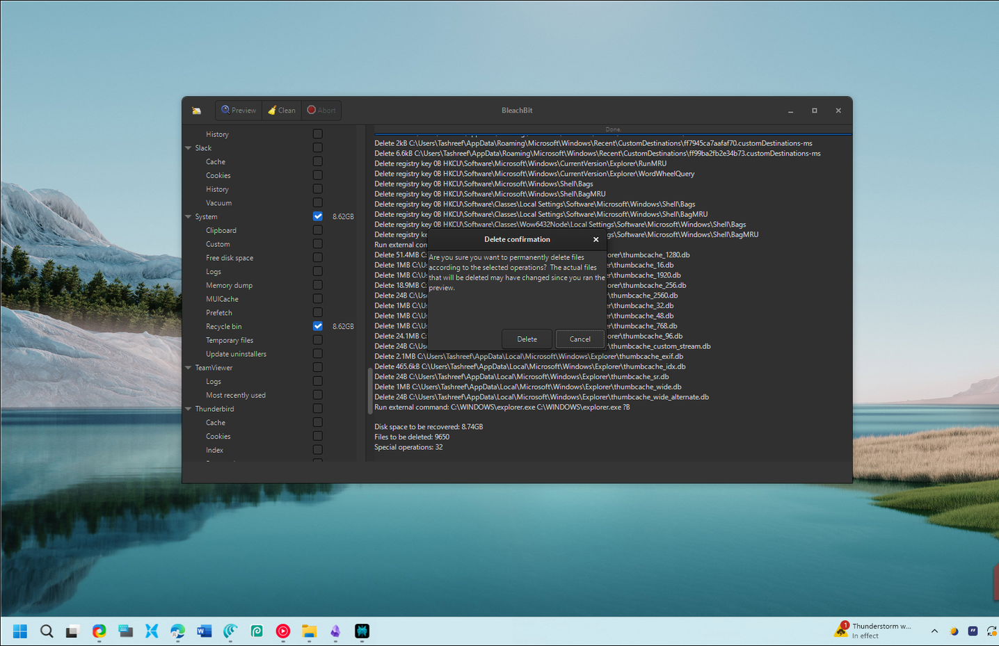 نافذة تأكيد الحذف في Bleachbit