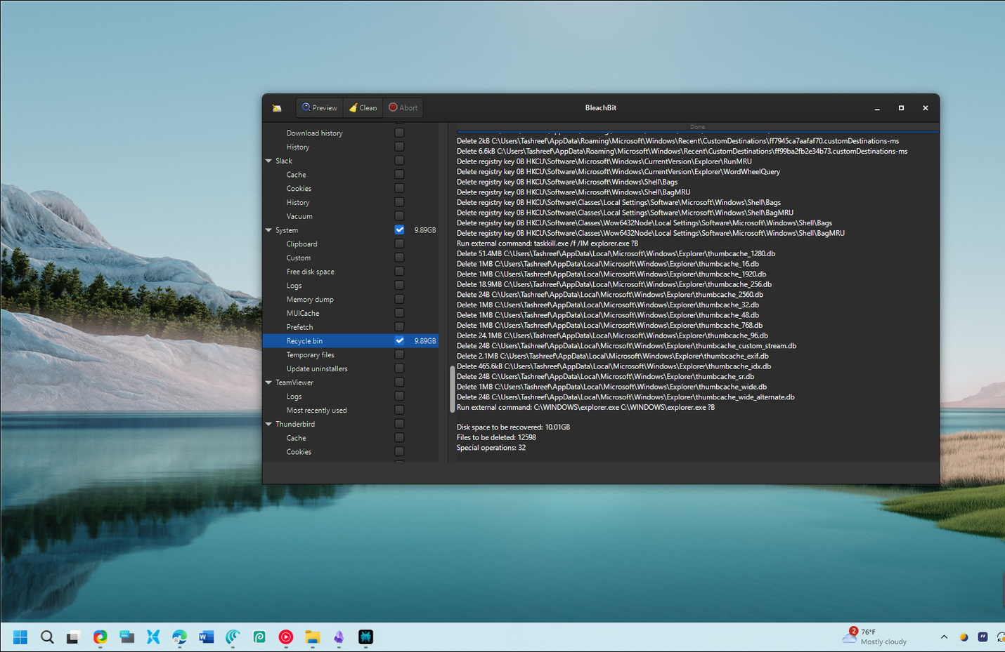 نافذة BleachBit تعرض المساحة التي سيتم استعادتها