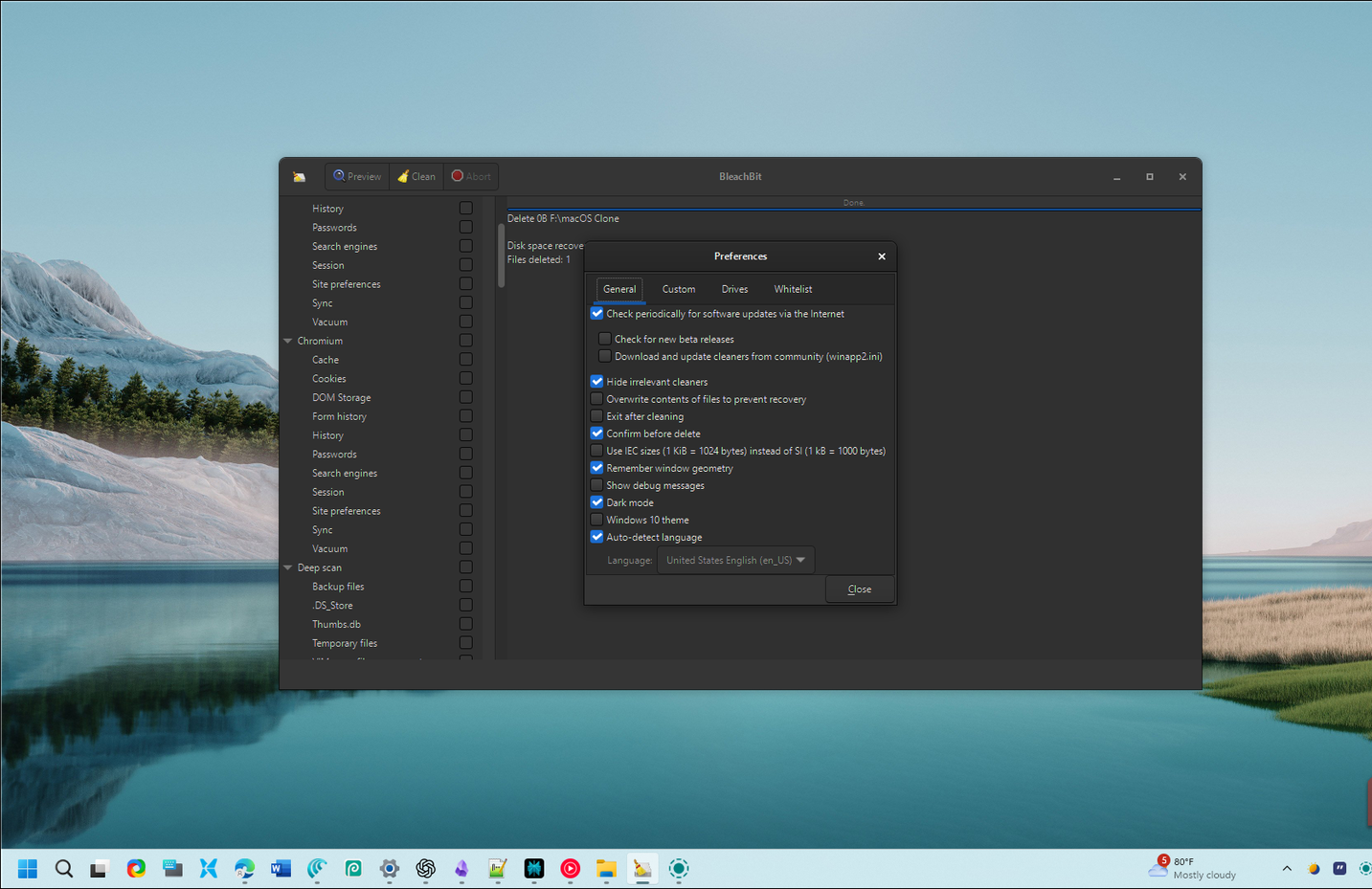 نافذة إعدادات BleachBit مع تبويب 'عام' مفتوح