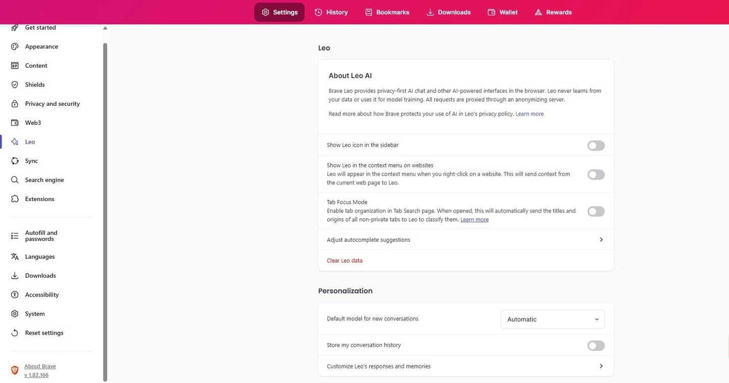 Brave browser Leo AI settings