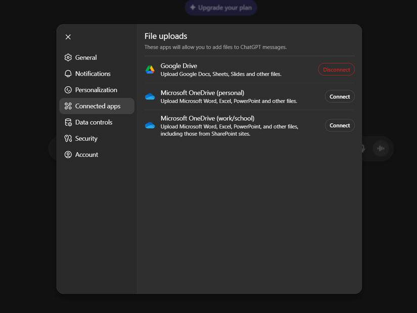 خاصية التطبيقات المتصلة في ChatGPT تعرض Google Drive كأحد التطبيقات المتصلة.