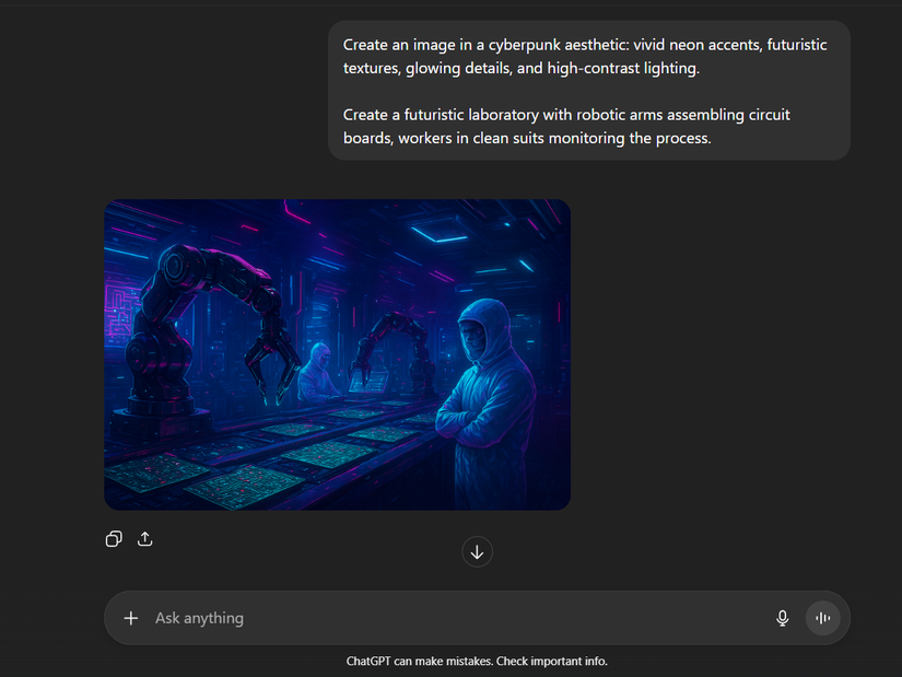 استجابة ChatGPT لموجه متعلق بمختبر مستقبلي بذراع آلية تقوم بتجميع لوحات الدوائر المطبوعة (PCBs) في تصميم Cyberpunk.