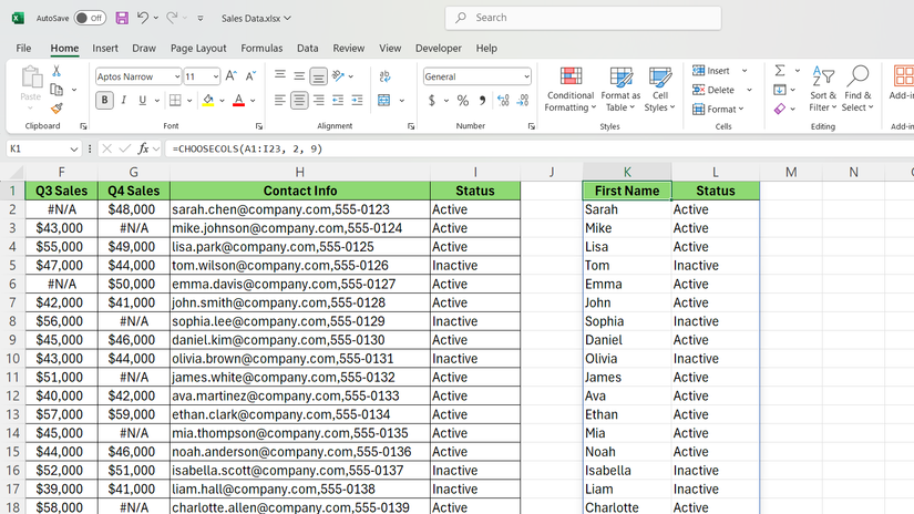 دالة CHOOSECOLS في Excel لاختيار العمودين الأول والتاسع.