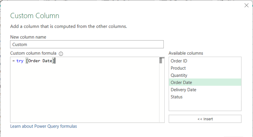 إنشاء عمود مخصص لتصفية الأخطاء في Power Query
