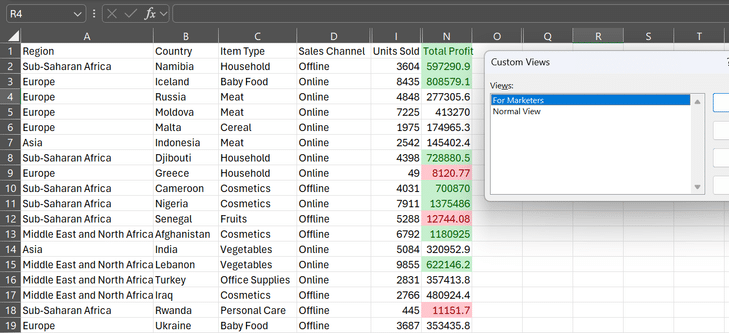 طرق العرض المخصصة في Microsoft Excel.