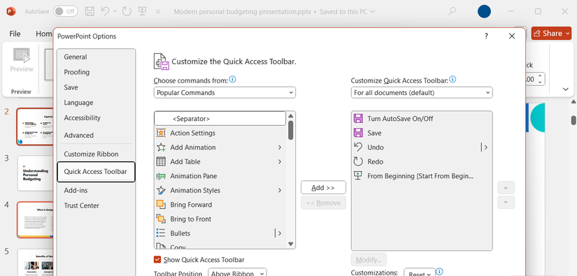 تخصيص شريط الأدوات للوصول السريع في PowerPoint