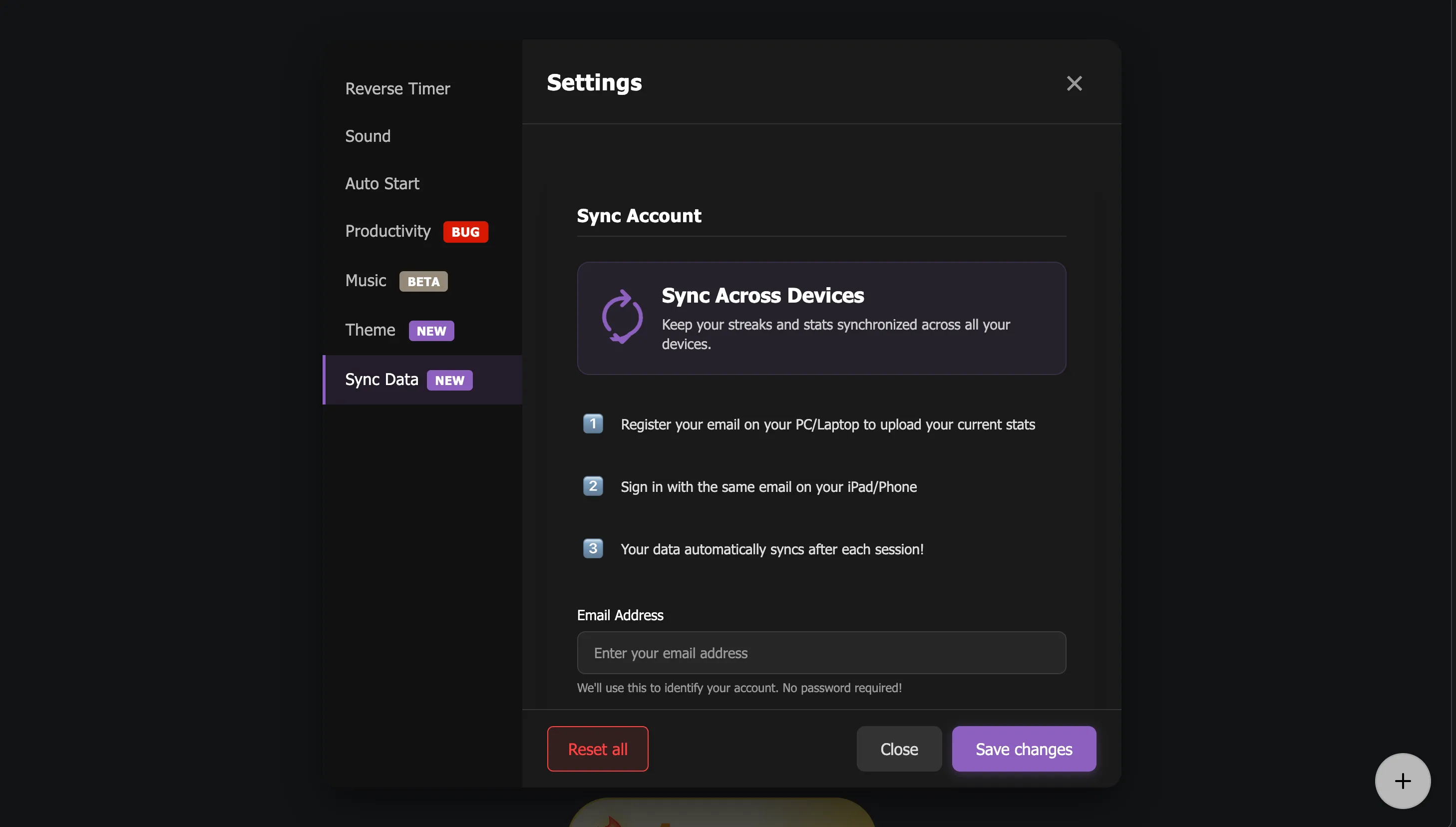 Customodoro's Sync Across Devices settings