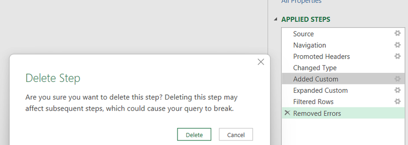 Deleting steps in Power Query